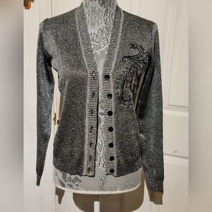 Barbara Lee Silver & Black Shimmer 7 Button Sweater Long Sleeve 50% Metallic Lg